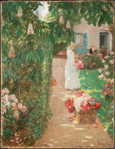 フランスの庭で花を集める（キャンバスに油彩） 作： Childe Frederick Hassam