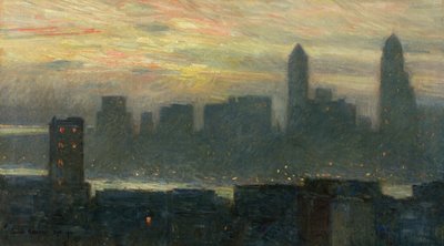 マンハッタンの霧の夕日 作： Childe Frederick Hassam