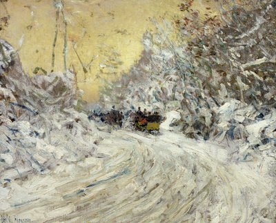 セントラルパークでそりに乗る（キャンバスに油彩） 作： Childe Frederick Hassam