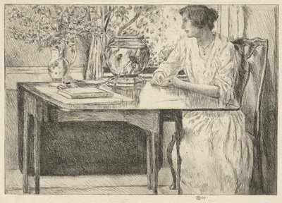 コロニアル テーブル (Holley House、Cos Cob) (直訳); 納屋のある風景 (裏面) 作： Childe Hassam