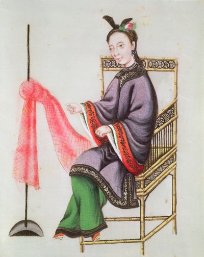 漁網を作る中国人女性、乾隆期（1736-96）（ガッシュ紙） 作： Chinese School