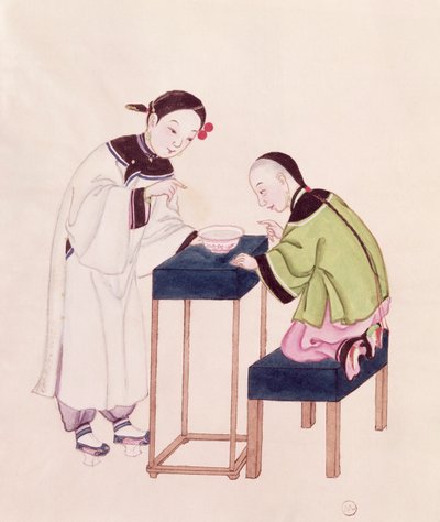 水のボウルに幸運を探している女の子（紙にトイレ） 作： Chinese School