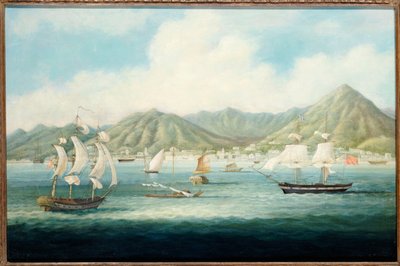 1850年頃、イギリスの船と他の船と一緒に香港のビクトリアを眺め 作： Chinese School