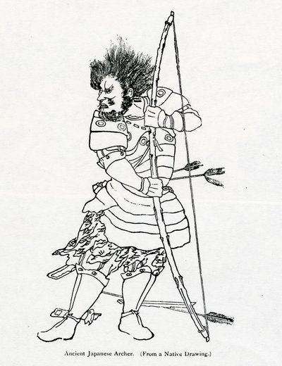 古代日本人の射手、ヘンリーユール訳のマルコポーロとルスティチェロダピサによる「マルコポーロの旅」のイラスト、1871年に初版 作： Chinese School