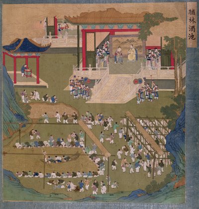 古代中国の皇帝と皇后両陛下は、廷臣がボートで出入りし、米酒の池から飲み、ベーコンのフリッチ（紙にトイレとグワッシュ）を手助けする前に法廷を開きました 作： Chinese School