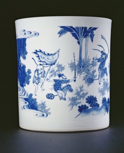 1630-44（磁器）、Chongzheng、ホビーホースで遊ぶ女性と少年で描かれた青と白のブラシポット（205936を参照） 作： Chinese School