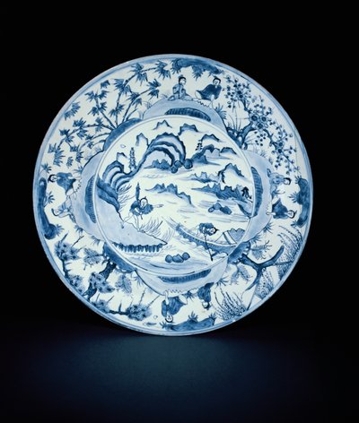川のシーンで漁師が描いた青と白の皿、天起または崇正、1620-30（磁器） 作： Chinese School
