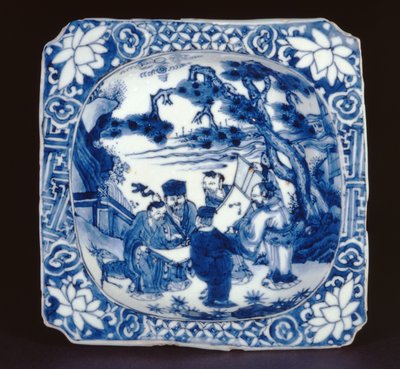 Shoulaoと他の不滅物で描かれた青と白のこめつけの四角い皿、Tianqi、1621-27（磁器） 作： Chinese School