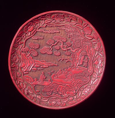 彫刻が施された辰砂料理、元後半から明初期まで（漆塗りの木材）（272178も参照） 作： Chinese School