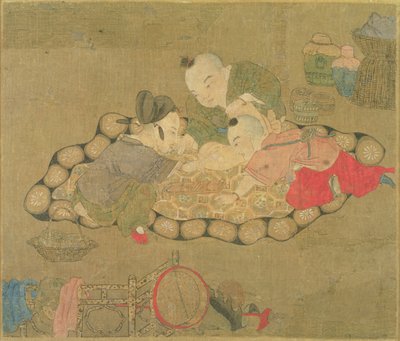 遊んでいる子供たち、明朝、1500年（シルクにトイレ） 作： Chinese School