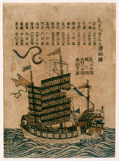 中国から日本への海路のリストが記載された中国船（トーセンズー）、c.1850（色木版画） 作： Chinese School