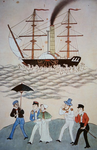カントンc.1840に着陸した最初のイギリスの蒸気船と乗客の中国絵画（268028も参照） 作： Chinese School