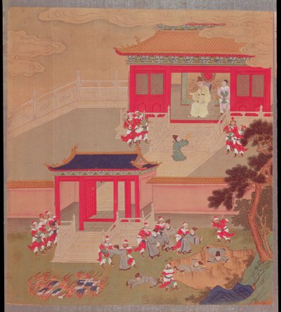 紀元前213年の中国皇帝の歴史から、すべての中国の本を燃やし、学者を深い峡谷に放り込んだ、チンワンティ皇帝（紀元前221年〜210年）です。 作： Chinese School