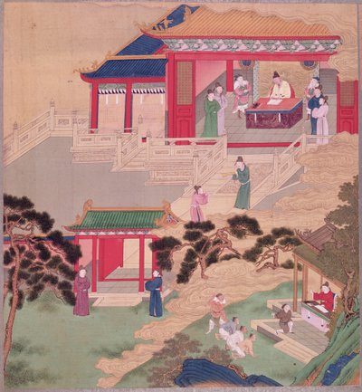 皇帝タイツング（r.762-779）は中国の皇帝の歴史から医学書を読んで（絹の色） 作： Chinese School