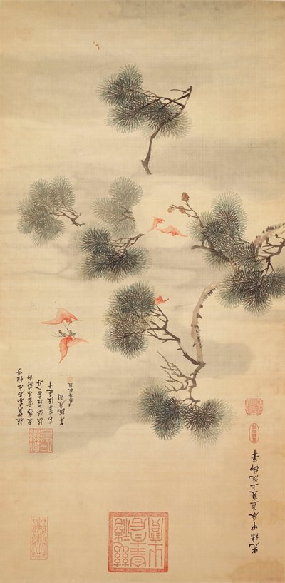 松の枝に囲まれたコウモリ5匹、1844年 作： Chinese School