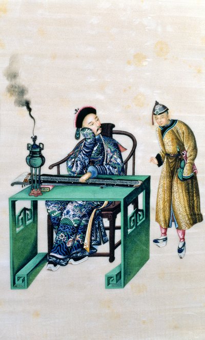使用人と一緒にテーブルで長いジターを持つ男 作： Chinese School