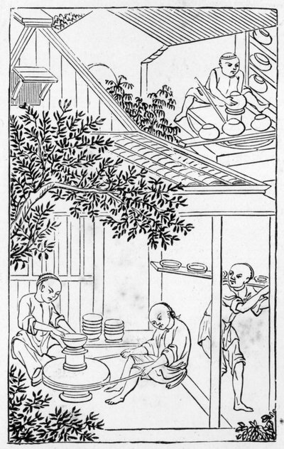 陶磁器の製造に関する一連のイラストからの陶芸家のホイールの成形と配置（シリーズ全体については384116および384117を参照） 作： Chinese School