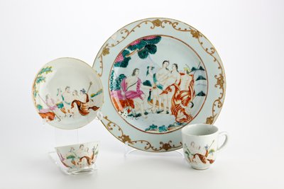 パリの審判（磁器）の表現で飾られた皿、茶碗、コーヒーカップ、ソーサー 作： Chinese School