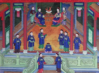 中国の高官が自宅で妻と一緒に座っているシーン（絹のガッシュ） 作： Chinese School