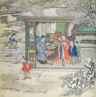 家族が訪問者を迎える庭のある風景（ガッシュオンシルク） 作： Chinese School