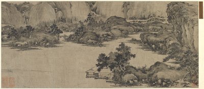 学者たちが川に後退、おそらく清朝（紙にインク） 作： Chinese School