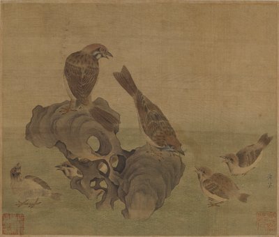 若い、明または清王朝に餌を与えるスズメ 作： Chinese School