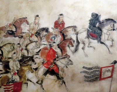 西安、漢時代、706年、馬を使った狩猟場面、ジャンフアイ王子の墓（壁画 作： Chinese School