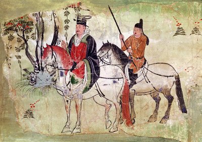 風景の中の2人の騎手、またはBoddhisatvaと彼のエクリー、唐時代（石を塗った） 作： Chinese School