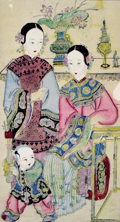 子供を持つ2人の女性、Yangliuqing（色の木版画） 作： Chinese School