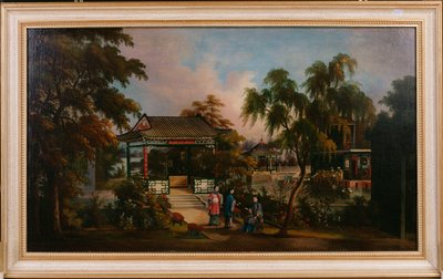 パビリオンによる女性とのカントンのハウカ庭園の眺め、1850年頃 作： Chinese School