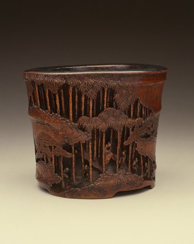 竹林内の文学的探求に竹林の七賢人がいる大きなブラシポット、江西時代（1662-1722）、清王朝（彫刻された竹） 作： Chinese School Chinese School