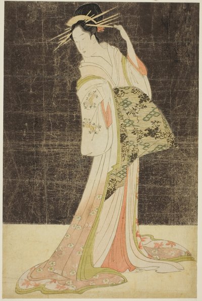 歓楽街の美人選（せいろうびじんあわせ）：正月に雇われた花魁たち-扇屋の滝川- 1794年頃（錦絵・大判） 作： Chobunsai Eishi