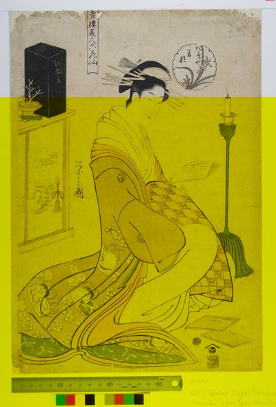 六歌人（せいろ美人六歌仙）としての緑家の美人。 c.1794-1795 (紙に木版画) 作： Chobunsai Eishi