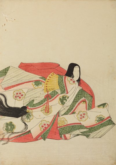黄色い扇を持って座る宮廷女官、画帖『錦摺女三十六歌仙絵尽』より 作： 長文祭栄司