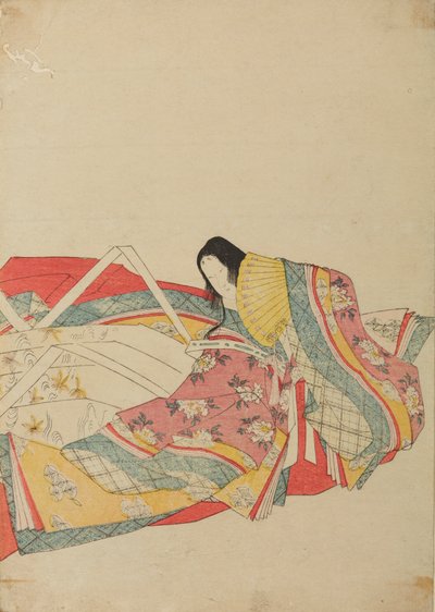 黄色い扇を持つ座る宮廷女性、画帖「錦摺女三十六歌仙絵尽」より 作： 長文祭栄司