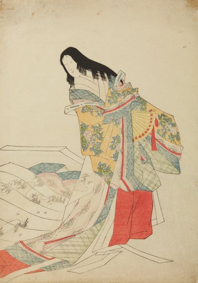 扇を持って立つ宮廷女官、画帖『錦摺女三十絵尽』より 作： 長文祭栄司