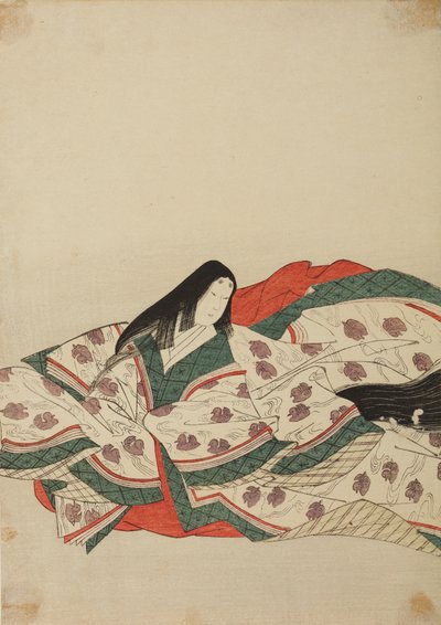 水に浮かぶ子鴨模様の白い着物を着た女官、画帖『錦摺女三十六歌仙絵尽』より 作： 長文祭栄司