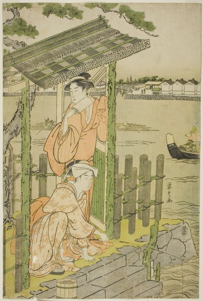 隅田川のほとりの茶屋に集う 作： Chobunsai Eishi