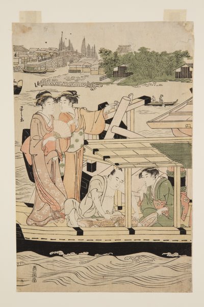 新橋の下の隅田川の遊覧船（カラー木版画 作： Chobunsai Eishi