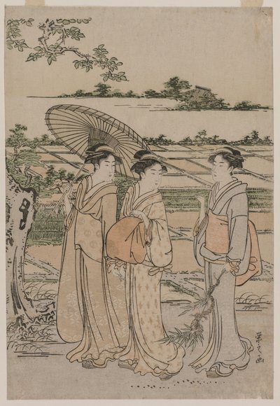 田舎を散歩する3人の女性 作： Chobunsai Eishi