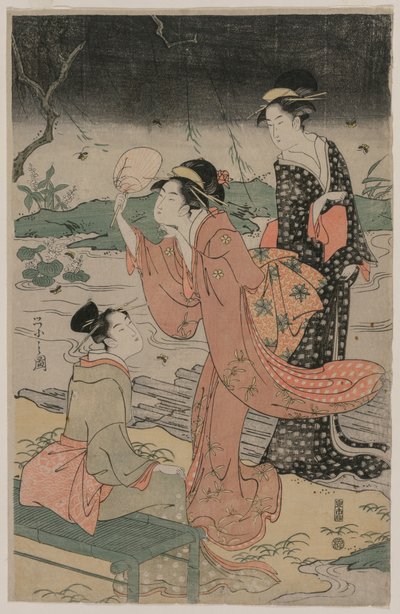 1790年代半ば、ホタルを追いかける小川のそばの女性たち。 作： Chobunsai Eishi