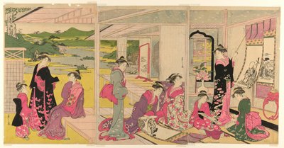 開運神絵巻を鑑賞する女性たち 作： Chobunsai Eishi