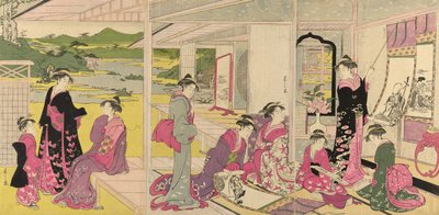 幸運の神々の巻物を見る女性たち 作： Chobunsai Eishi