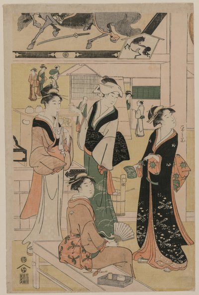 1790年代初頭、寺院の境内の茶店を訪れる女性。 作： Chobunsai Eishi