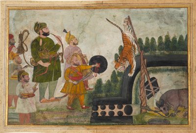 Rawat Gokul Das は、1810-1815 年に閉じ込められた虎を検査します。 作： Chokha