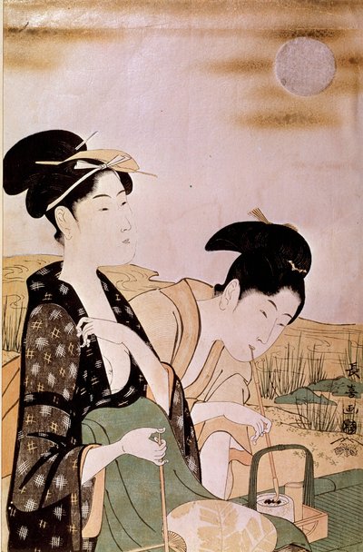 月を愛でる：二人の女性の喫煙栄松斎の版画（18世紀後半～19世紀前半に活躍 作： Choki Eishusai
