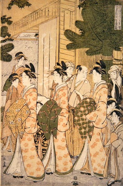 緑の家の美女たちの新年のパレード」（カラー木版画）（277782のペア 作： Choki Eishusai