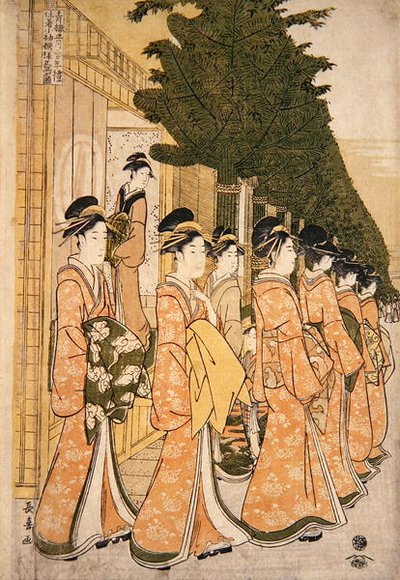 緑の家の美女たちの新年のパレード」（カラー木版画）（277783のペア 作： Choki Eishusai