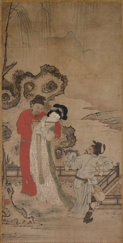 1400 年代後半から 1500 年代前半にかけて、楊貴妃に笛の吹き方を教える明皇帝。 作： Choryusai