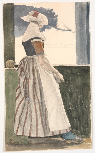 窓の外を見て、Sallingdrakt の若い編み物の女の子 作： Christen Dalsgaard